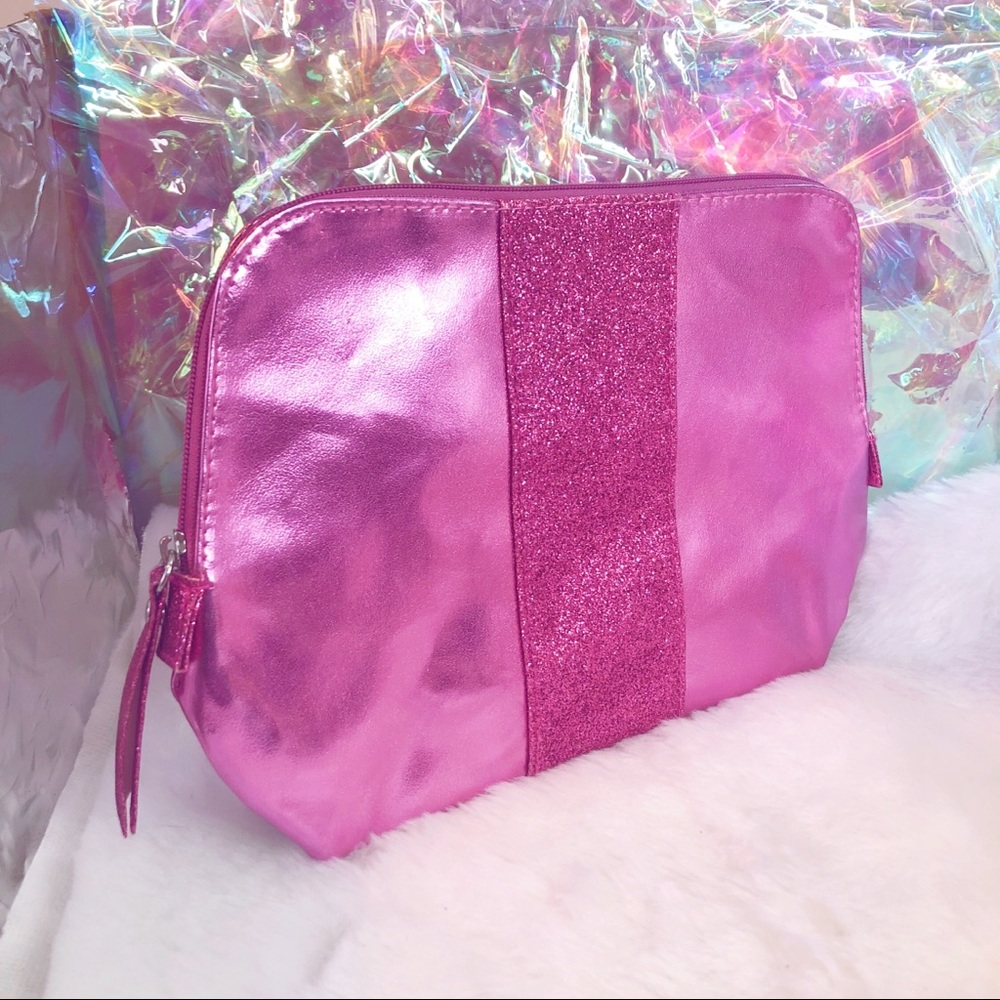 pink metallic pleather clutch
